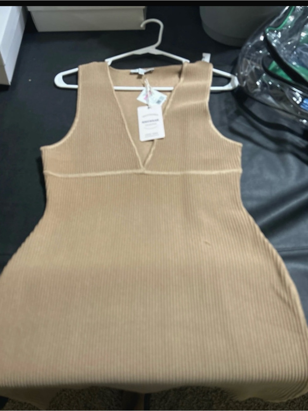 V-Neck Ribbed Mini Dress in Camel